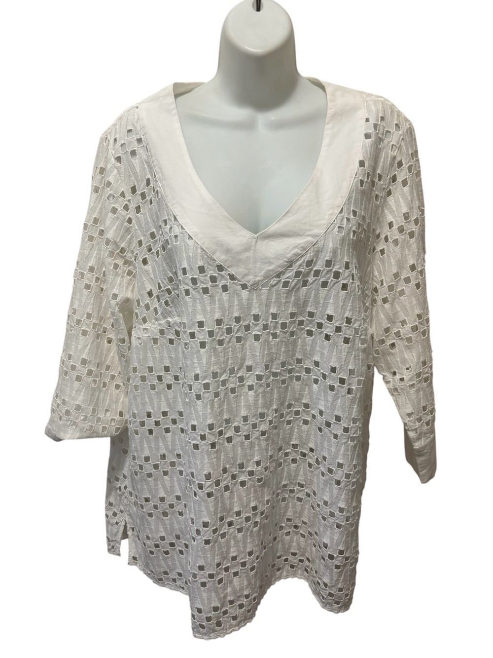 Coldwater Creek Womens Sz 1X White 3/4-Sleeved Eyelet Tunic Cotton Blouse